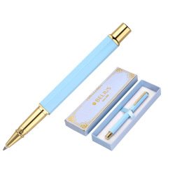 Stylo-bille belius macaron bliss hexagonal aluminium details et attributs or encre bleue coloris bleu coffret cadeau