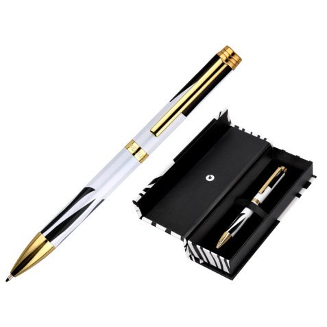 Stylo-bille belius b&w aluminium attributs or encre  bleue coloris noir zebrures   blanches dans coffret cadeau