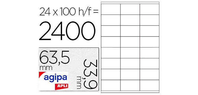 Étiquette adhésive apli agipa jet d'encre 63.5x33.9mm formats paramétrés boîte 2400 unités