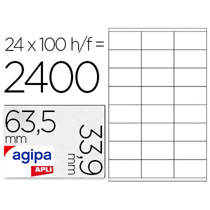 Étiquette adhésive apli agipa jet d'encre 63.5x33.9mm formats paramétrés boîte 2400 unités