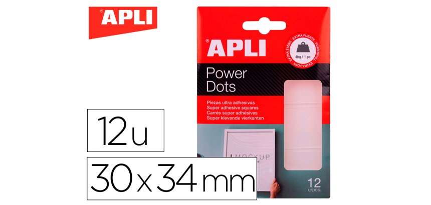 Rectangles apli double-face adhesif extra fort power dots transparent premium 30x34mm.  blister de 12