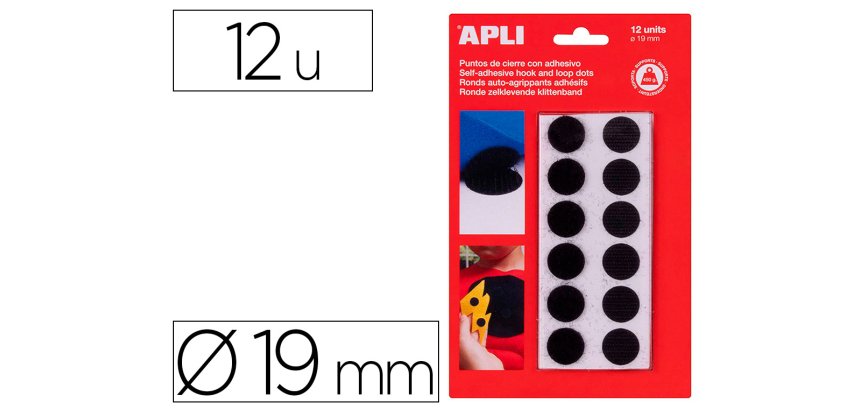 Pastilles apli rondes auto agrippant adhesif diametre    19mm noir . blister de 12