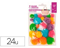Pompon graine creative polyester diametre 15mm 30mm  ass coloris arc en ciel       sachet de 24u