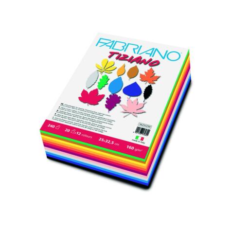Papier dessin fabriano feuille tiziano 160g 25x32,5  cm 12 coloris vifs assortis   paquet 240f