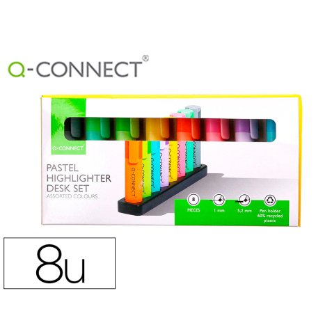 Surligneur q-connect fluorescent pastel pointe     biseautee etui de bureau 8    coloris assortis