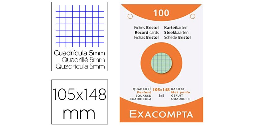 Etui 100 fiches exacompta bristol quadrillee 5x5 non    perforee blanc 105x148mm      coloris assortis