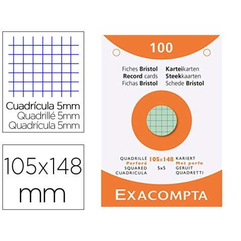 Etui 100 fiches exacompta bristol quadrillee 5x5 non    perforee blanc 105x148mm      coloris assortis