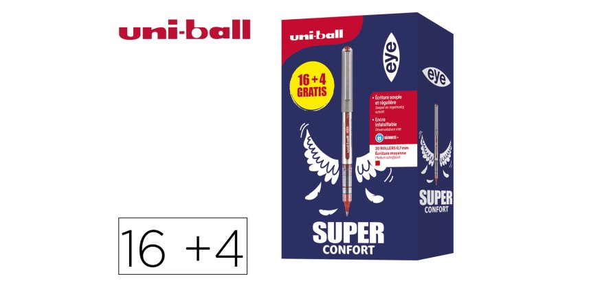 Roller uniball eye pointe metal ecriture fine boite de  16 + 4 rollers gratuits rouge