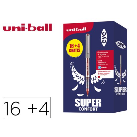 Roller uniball eye pointe metal ecriture fine boite de  16 + 4 rollers gratuits rouge