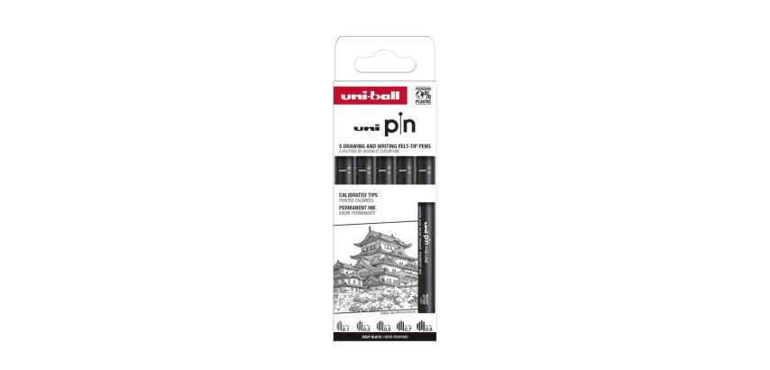 Pochette de 5 feutres techniques uni ball pin       pointe calibree encre noir    trace net et precis asp008