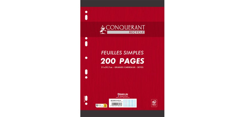 Feuilles simples conquerant 7 perforees 210x297 film 200p   90g seyes recycle