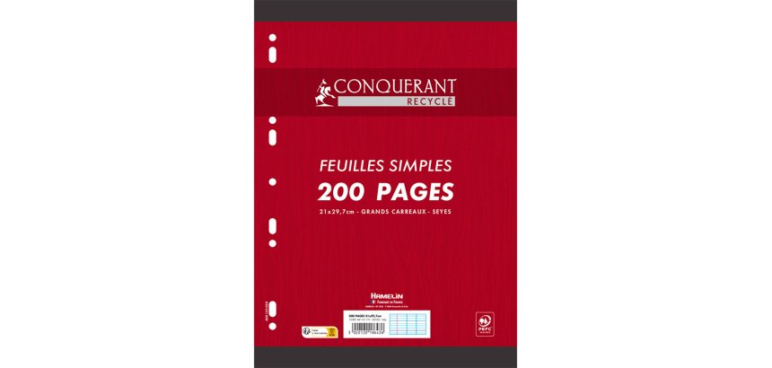 Feuilles simples conquerant 7 perforees 210x297 film 200p   90g seyes recycle