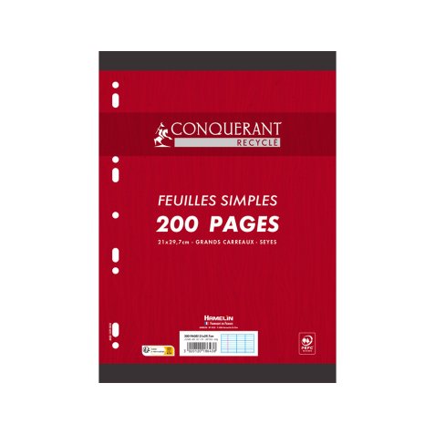 Feuilles simples conquerant 7 perforees 210x297 film 200p   90g seyes recycle
