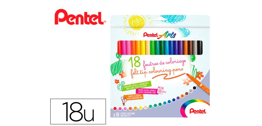 Boite de 18 feutres de coloriage pental encre ultra  lavable pointe moyenne 3,9mm