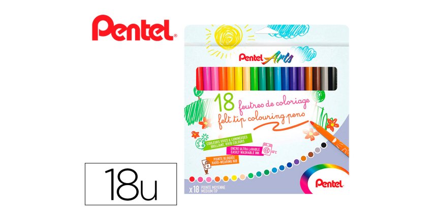 Boite de 18 feutres de coloriage pental encre ultra  lavable pointe moyenne 3,9mm