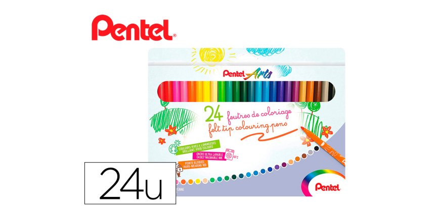 Boite de 24 feutres de coloriage pental encre ultra  lavable pointe moyenne 3,9mm