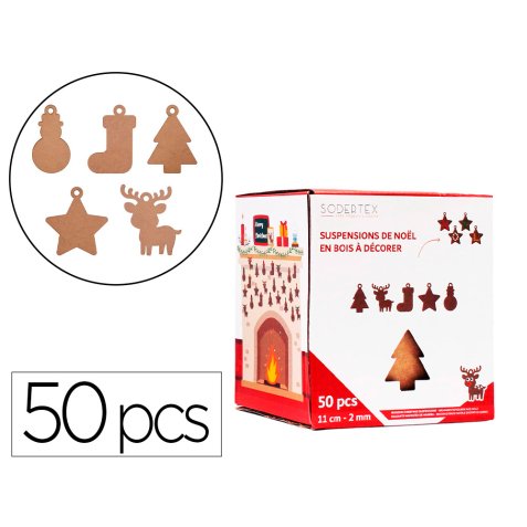 Formes de no l sodertex pleines en bois + fils dor s  - 2 mm - 14 cm - 5 formes -   50 pcs - 1 coloris