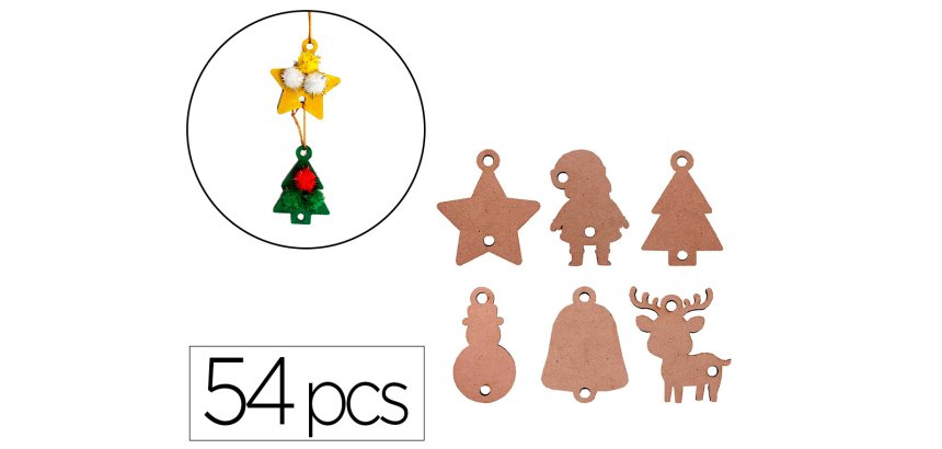 Formes de no l sodertex pleines en bois + fils dor s  - 2 mm - 6cm - 6 formes - 54  pcs - 1 coloris