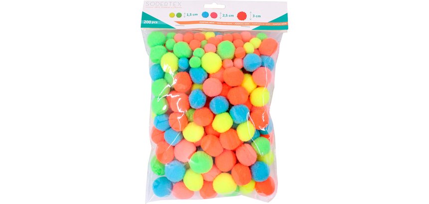 Pack pompons sodertex neon polyester - 3 tailles - 200   pcs - 5 coloris
