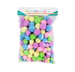 Pack pompons sodertex pastel polyester - 3 tailles - 200   pcs - 5 coloris