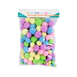 Pack pompons sodertex pastel polyester - 3 tailles - 200   pcs - 5 coloris