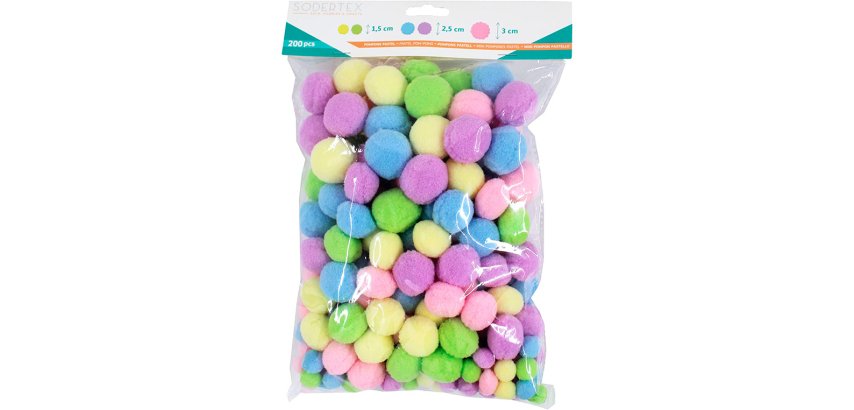 Pack pompons sodertex pastel polyester - 3 tailles - 200   pieces - 5 coloris