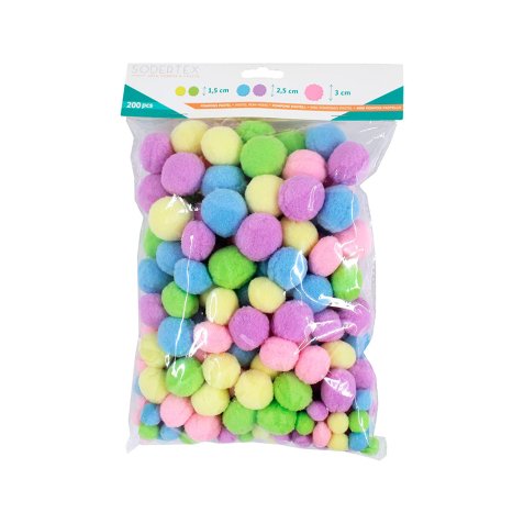 Pack pompons sodertex pastel polyester - 3 tailles - 200   pcs - 5 coloris