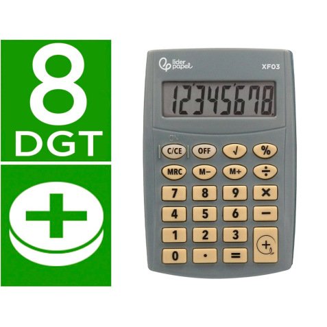 Calculatrice de poche liderpapel xf03 8 chiffres    avec pile 99x64x9 mm coloris  gris