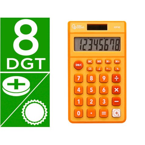 Calculatrice de poche liderpapel xf10 8 chiffres    solaire et piles 115x65x8 mm  coloris orange