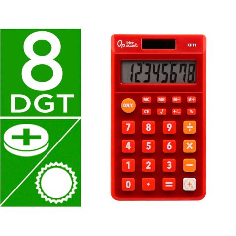 Calculatrice de poche liderpapel xf11 8 chiffres    solaire et piles 115x65x8 mm  coloris rouge