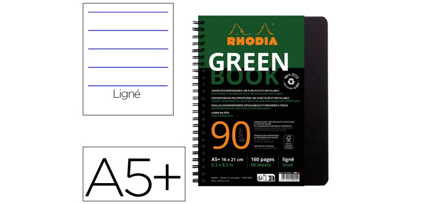 Rhodiactive Greenbook ligné, A5+, perf.6 trous, papier recyclé 90g FSC® - Noir