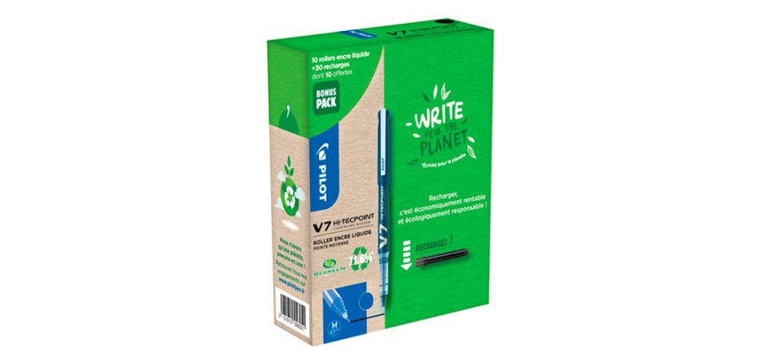 Greenball roller encre liquide 10 stylos + 10        recharges pointe moyenne bleu