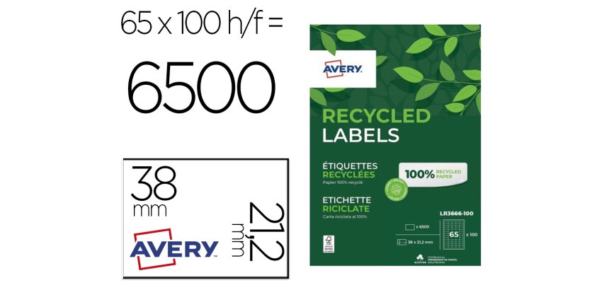 Etiquettes avery recyclees multiusages 38x21,2 mm        coloris blanches 6500 unites