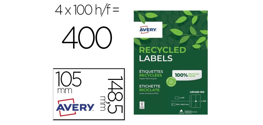Etiquettes avery recyclees multiusages 105x148,5 mm      coloris blanches 400 unites