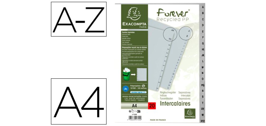 Intercalaires imprimes alphabetiques exacompta       polypropylene a4 20positiones a-z gris