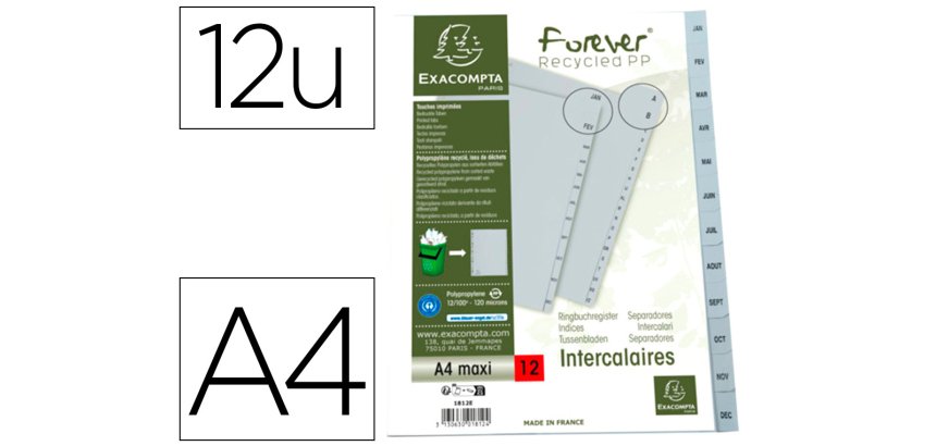 Intercalaires imprimes mensuels exacompta            polypropylene a4 12positiones / mois gris
