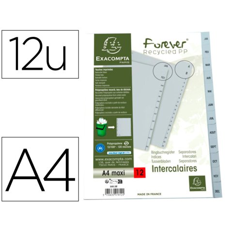 Intercalaires imprimes mensuels exacompta            polypropylene a4 12positiones / mois gris