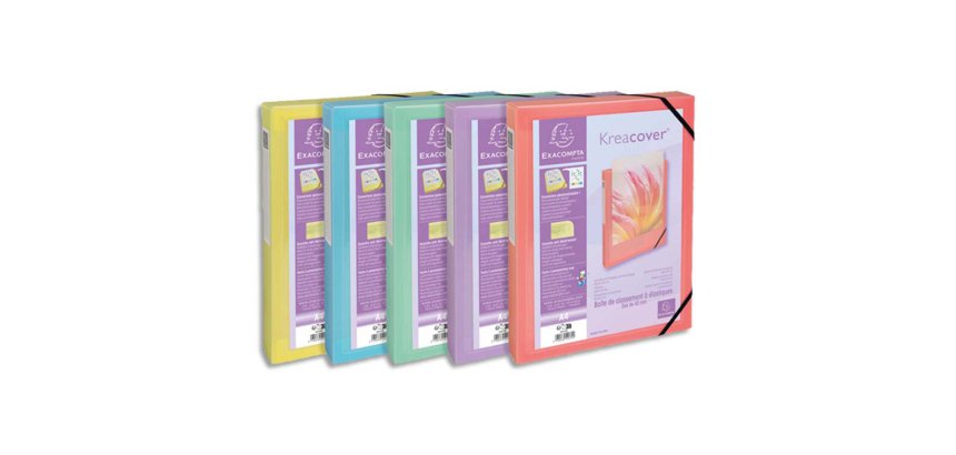 Boite de classement kreacover polypropylene transparent a4  250x330mm dos 40mm            assortiment pastel
