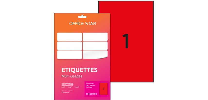 Etiquette office star impression laser jet encre et copieur 210x297mm coloris     rouge pochette 50 unites