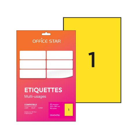 Boîte 50 étiquettes adhésives multiusage format A4 210x297mm. Planche A4. Coloris jaune