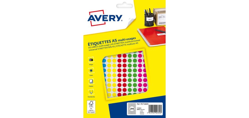 Pastille adhesive avery impression laser jet encre et copieur diametre 8mm          permanente coloris assortis