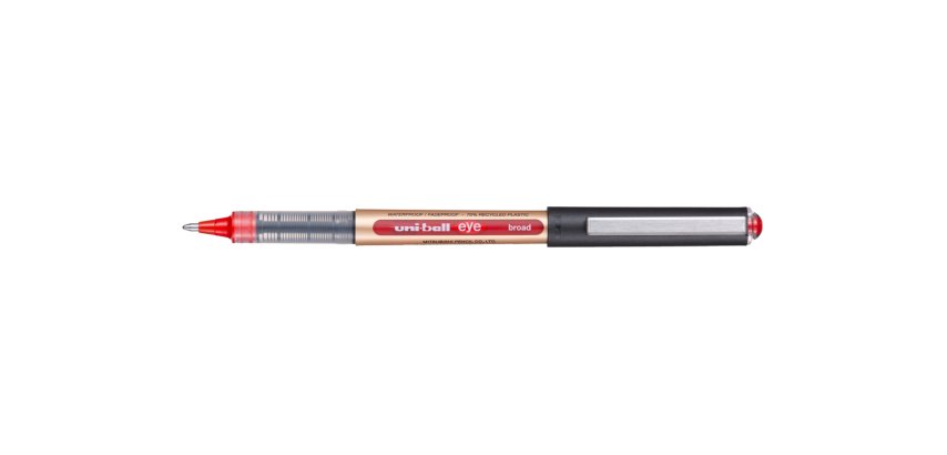 Roller uniball eye plastique recycle encre liquide         ecriture large pointe metal   coloris rouge