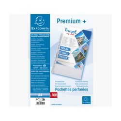 Sachet de 100 pochettes perforées polypropylène lisse Premium - A4 - Cristal