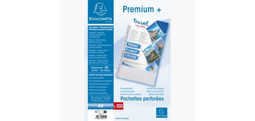 Sachet de 100 pochettes perforées polypropylène lisse Premium - A4 - Cristal