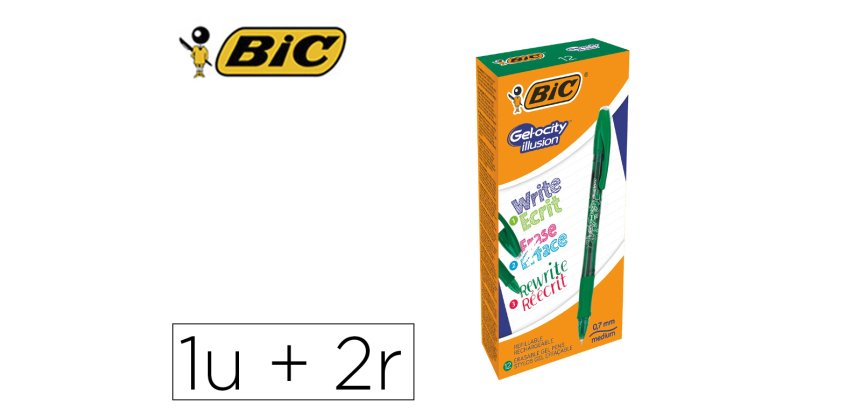 Roller bic gel-ocity illusion pointe moyenne 0,7mm grip caoutchouc encre effacable et rechargeable verte + 2 recharges