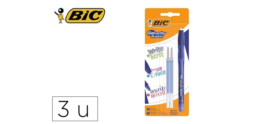 Roller bic gel-ocity illusion pointe moyenne 0,7mm grip caoutchouc encre effacable et rechargeable bleue set 3 unites