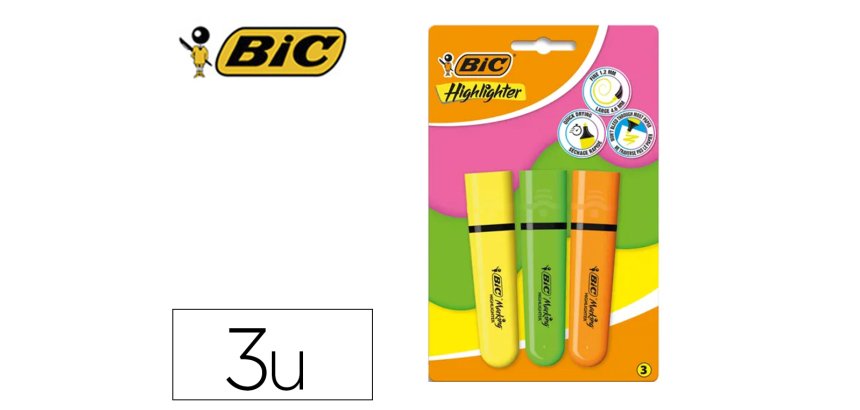 Surligneur bic tank marking highlighter sechage rapide    pointe biseautee coloris      assortis set 3 unites