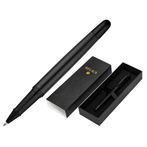 Stylo-bille belius neptuno corps aluminium texture wavy  encre bleue coloris noir      boite design