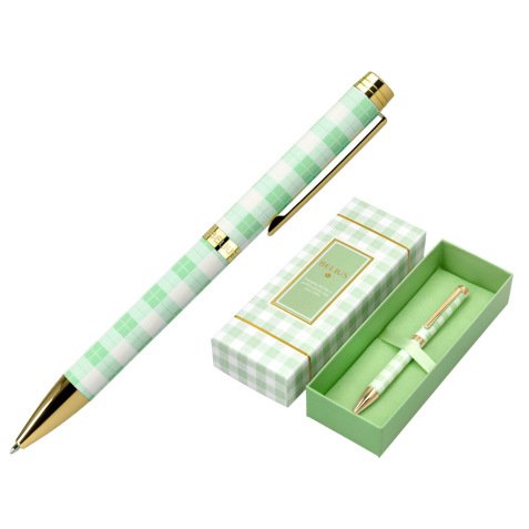 Stylo-bille belius picnic aluminium encre bleue coloris vert dore boite design