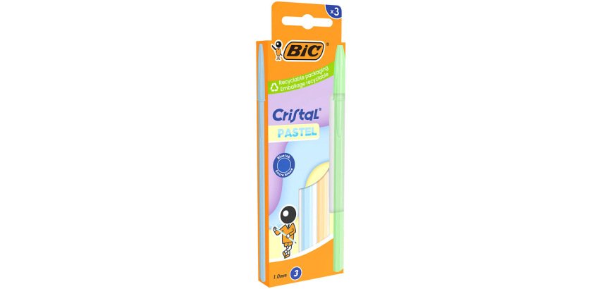 Stylo-bille bic cristal pastel pointe moyenne 1,0mm   encre bleue classique         capuchon boite de 3